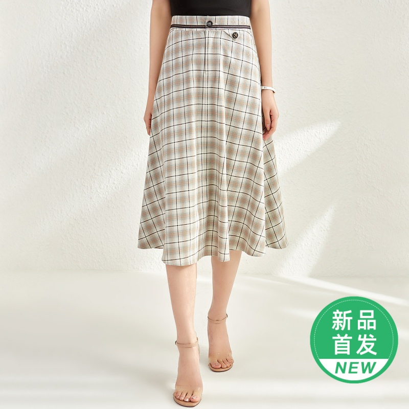 OUNIXUE欧昵雪 | [文艺格纹复古裙子]夏季通勤风高腰中长款宽松伞裙半身裙女