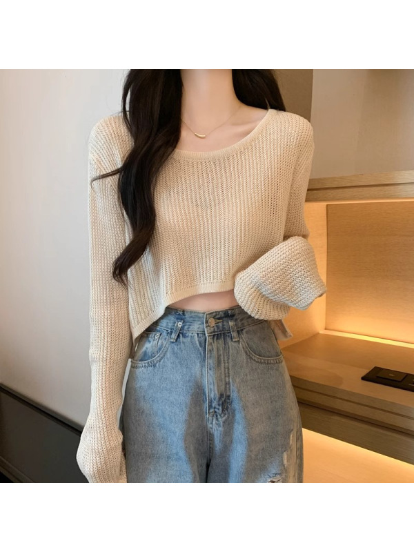 夏季薄款新款INS镂空冰丝长袖针织衫女短款外搭套头防晒罩衫上衣