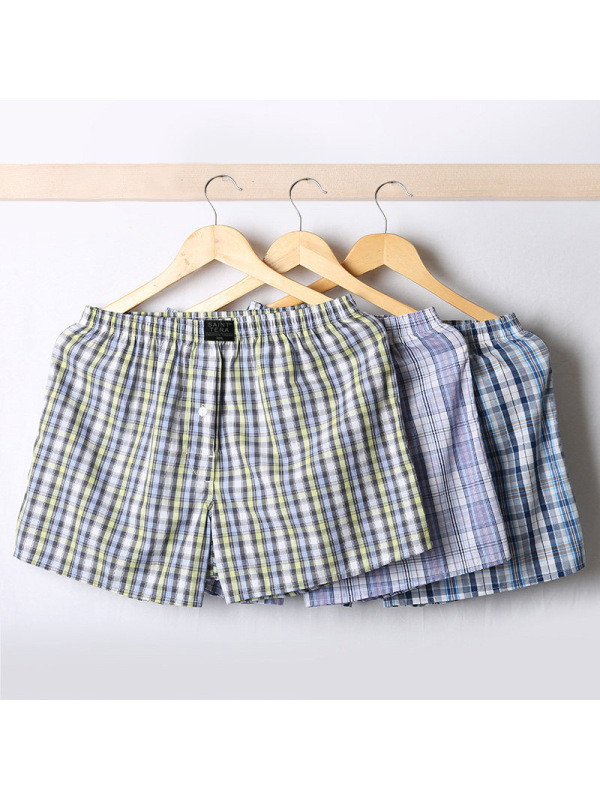 棉质男士内裤平角宽松阿罗裤薄款印花格子四角裤短裤头男睡裤夏季