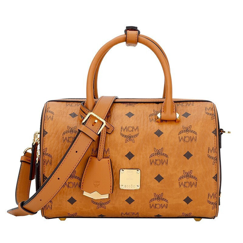 mcm女包essential系列经典印花波士顿包单肩斜挎手提包干邑色mwbaase