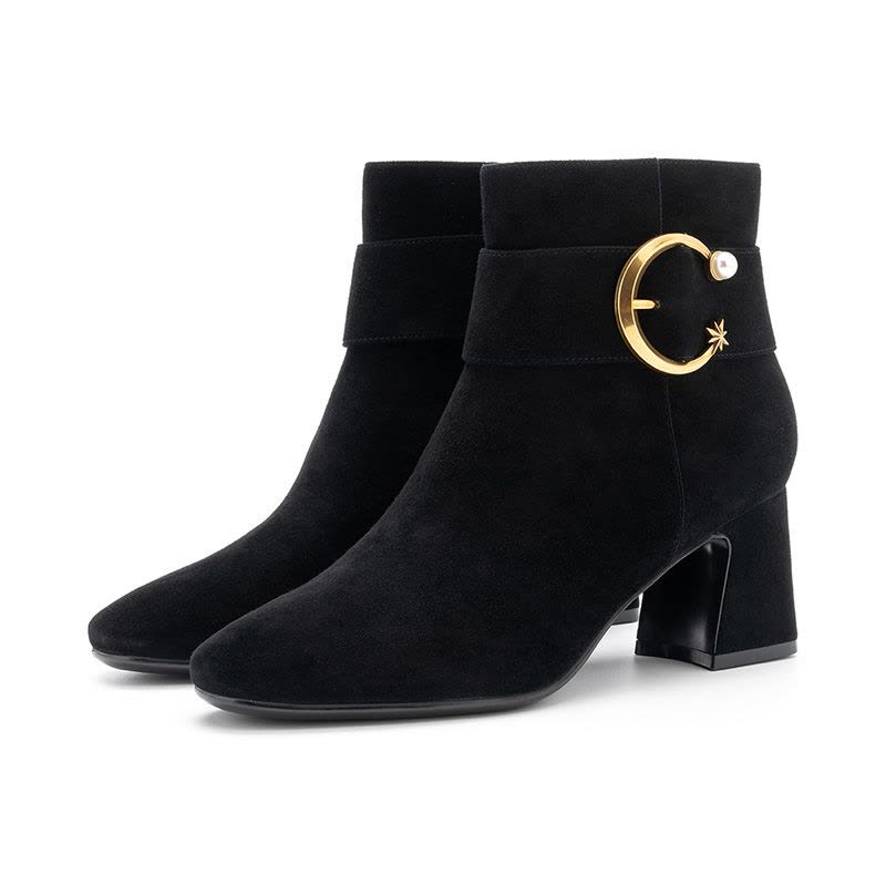 St&Sat/星期六新款优雅金属装饰圆头粗跟短靴SS84116692图片