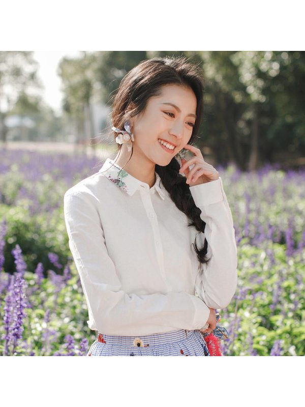 茵曼女装春秋百搭文艺范长袖棉麻衬衫女士白色亚麻衬衣打底上衣