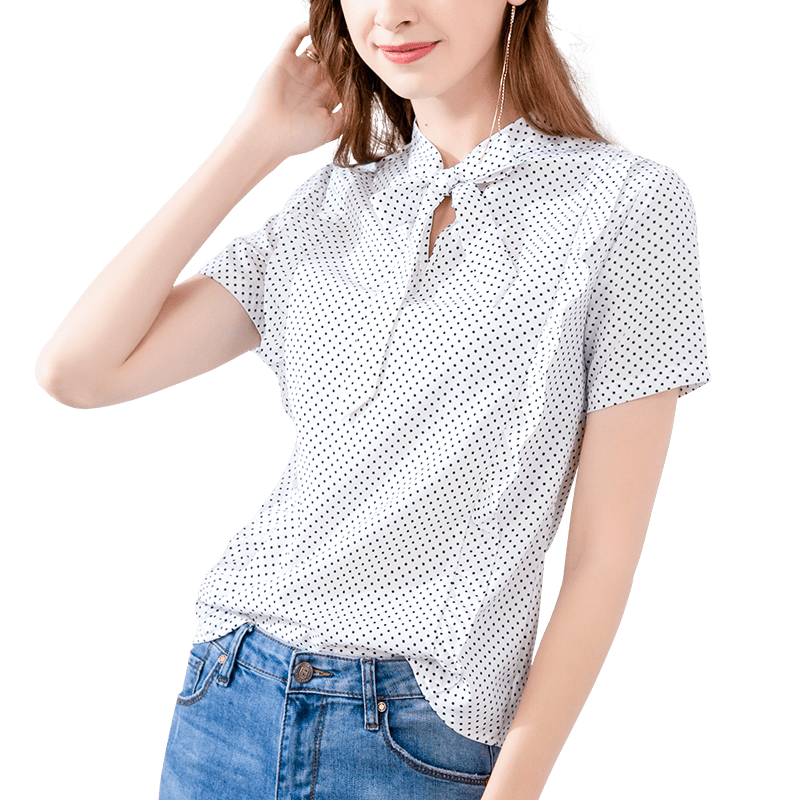 晚白2019夏季新品简约百搭优雅职业波点系带领短袖常规上衣衬衫