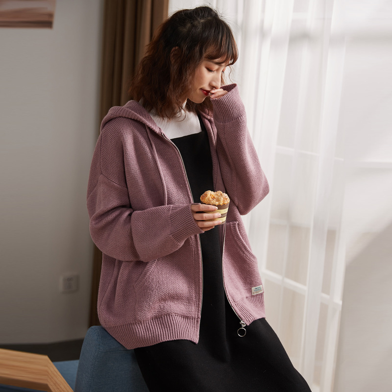 唐狮2019春新款针织衫女开衫连帽宽松韩版学生毛衣外套中长款潮
