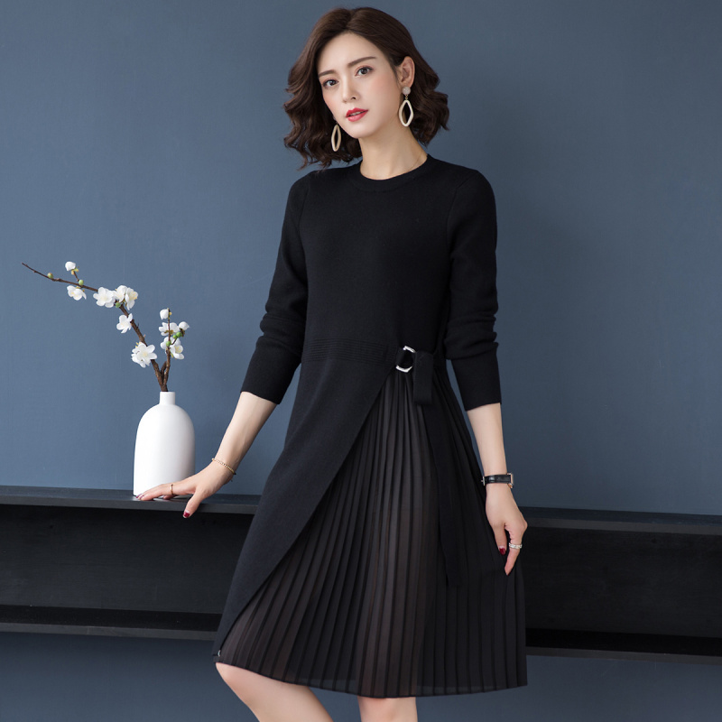 韩版纯色个性拼接网纱气质优雅女款连衣裙