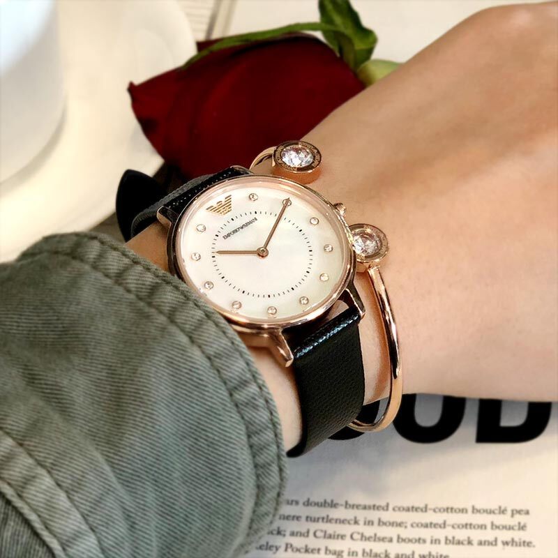 阿玛尼EMPORIO ARMANI手表 女表时尚贝母石英表皮带优雅女士手表