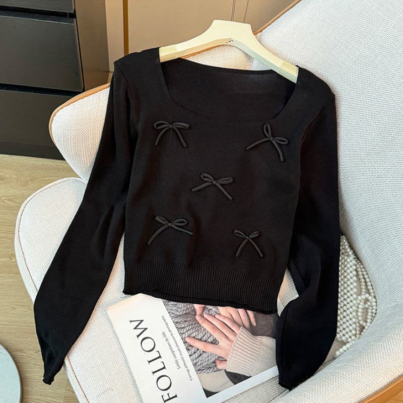 秋季新款设计感打底衫甜辣上衣韩版小香风蝴蝶结长袖针织衫ins潮图片