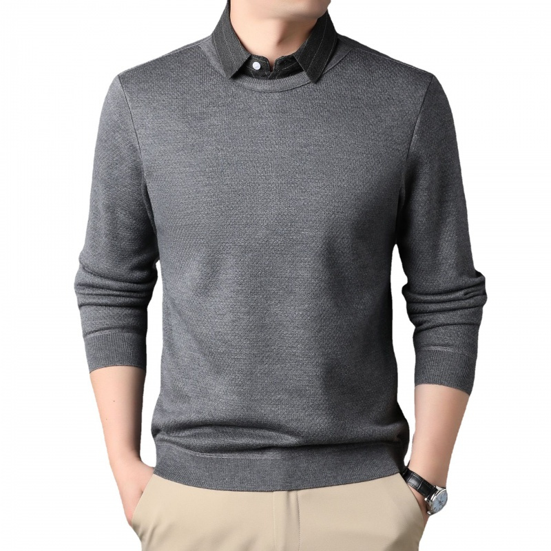 冬季新款加绒假两件毛衣男装中青年男士衬衫领纯色针织打底衫