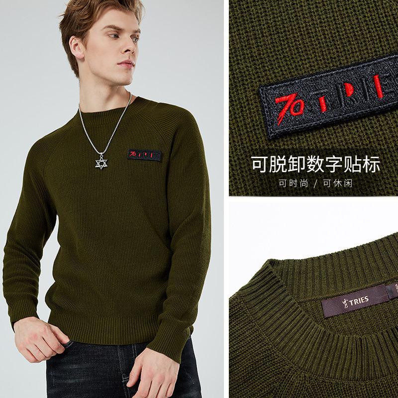 才子男装秋季新款纯色毛衣男士时尚休闲贴标半高领保暖针织衫_1