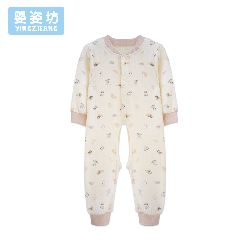 秋季新品男童女童休闲百搭家居服小动物圆领前开扣挖裆连体衣