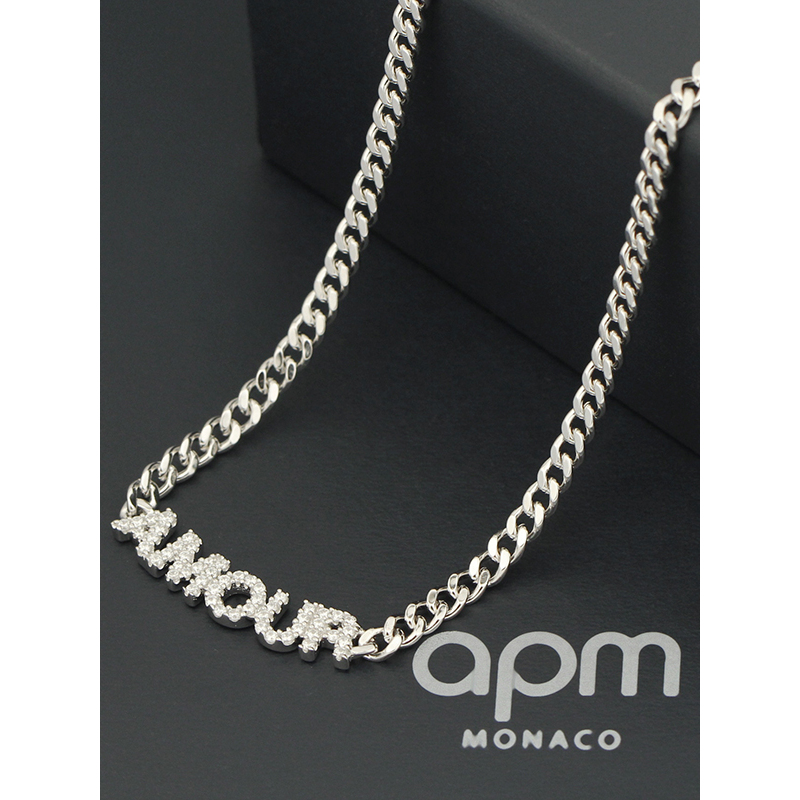 【apm MONACO】字母锁骨链AMOUR时尚吊坠新款925银项链镶钻女士毛衣链颈链法式