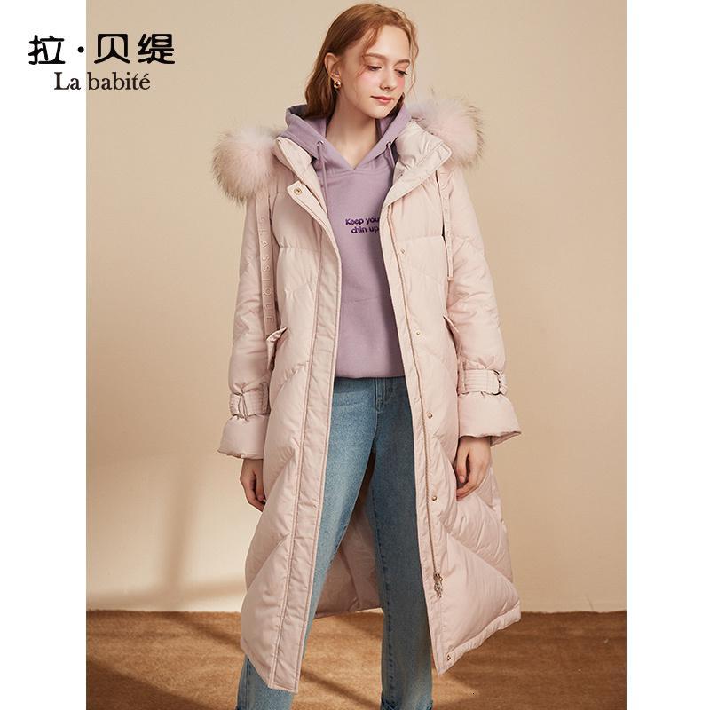 【专柜同款】Y拉贝缇粉色羽绒服女装中长款拉夏贝尔2019冬季新款时尚过膝外套60009286