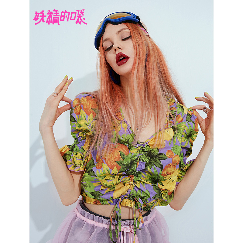 妖精的口袋v领碎花衬衫2019夏季新款女复古港味短款短袖洋气上衣