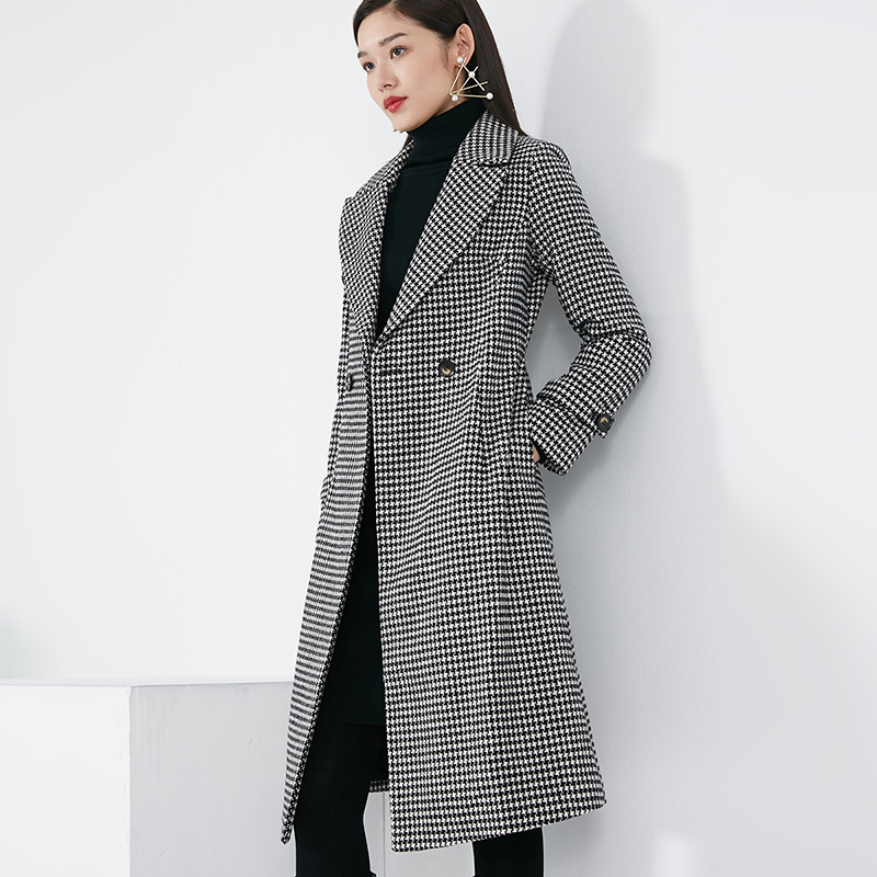 晚白2021春季新品时尚简约修身显瘦格子中长款西装毛呢大衣外套女