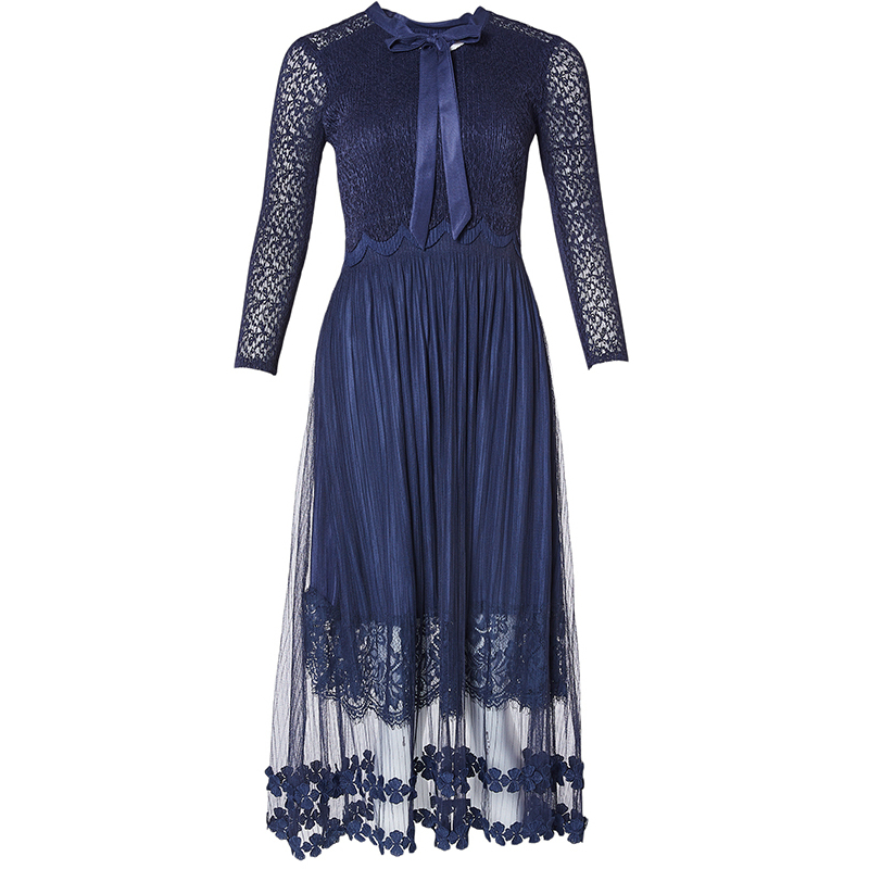 LIEDOW/蕾朵2019夏新款时尚蝴蝶结收腰网纱连衣裙七分袖蕾丝长裙