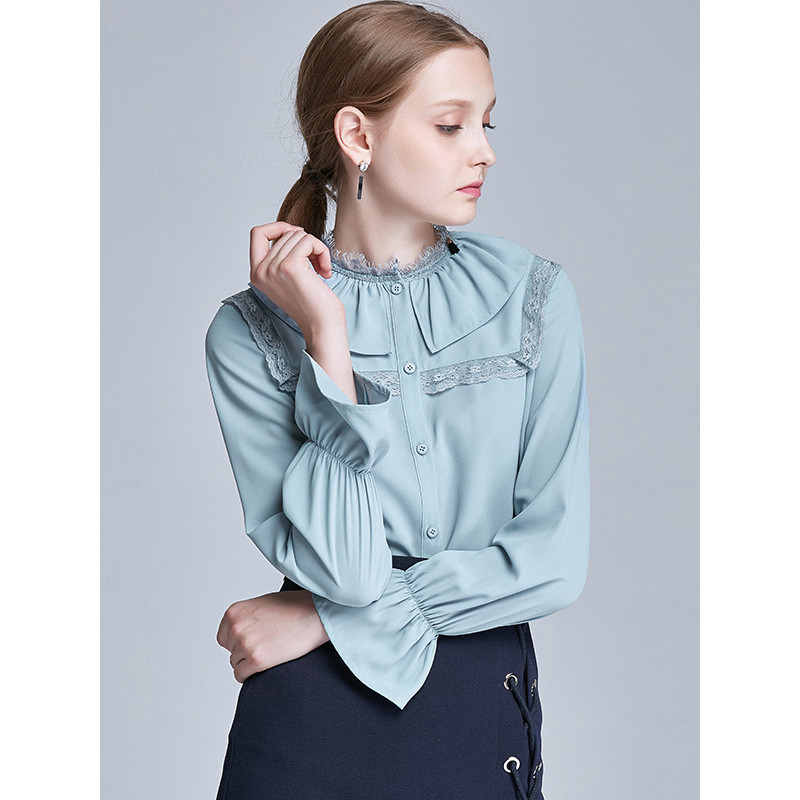 欧昵雪衬衫女韩版长袖秋装新款纯色绣花套头黑色百搭雪纺衬衣q