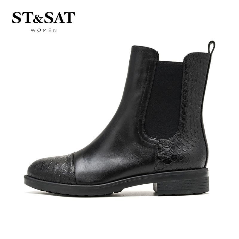 St&Sat/星期六冬季新款牛皮拼接蛇纹圆头短靴女鞋SS64117122图片