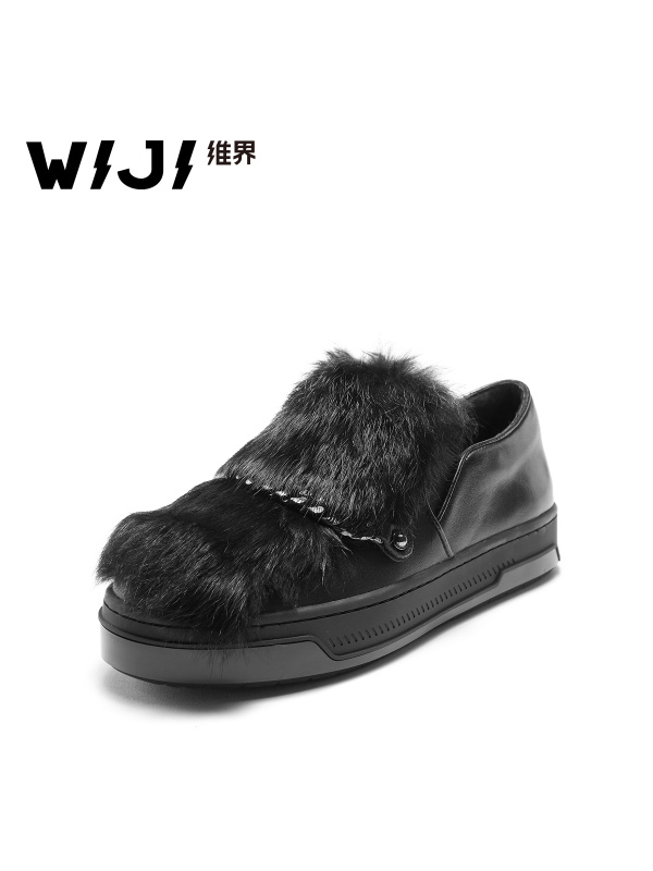 WIJI女鞋韩版甜美时尚牛皮兔毛时尚单鞋套脚平底百搭个性休闲鞋潮