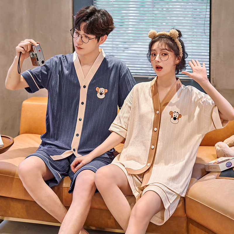 睡衣情侣装秋季短袖可外穿日系开衫家居服薄款大码和服套装春