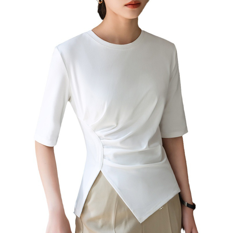jusenshayu中袖t恤女夏2023新款女装纯色圆领棉体恤不规则下摆