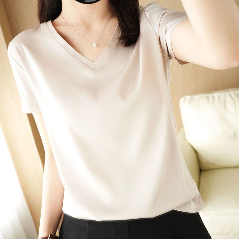 CeenBulledV领缎面醋酸短袖2022夏季桑蚕丝T恤纯色女式大码图片