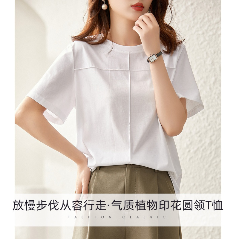 OUNIXUE欧昵雪 | [浪漫印花T恤]夏季气质圆领套头上衣时尚宽松百搭短袖女