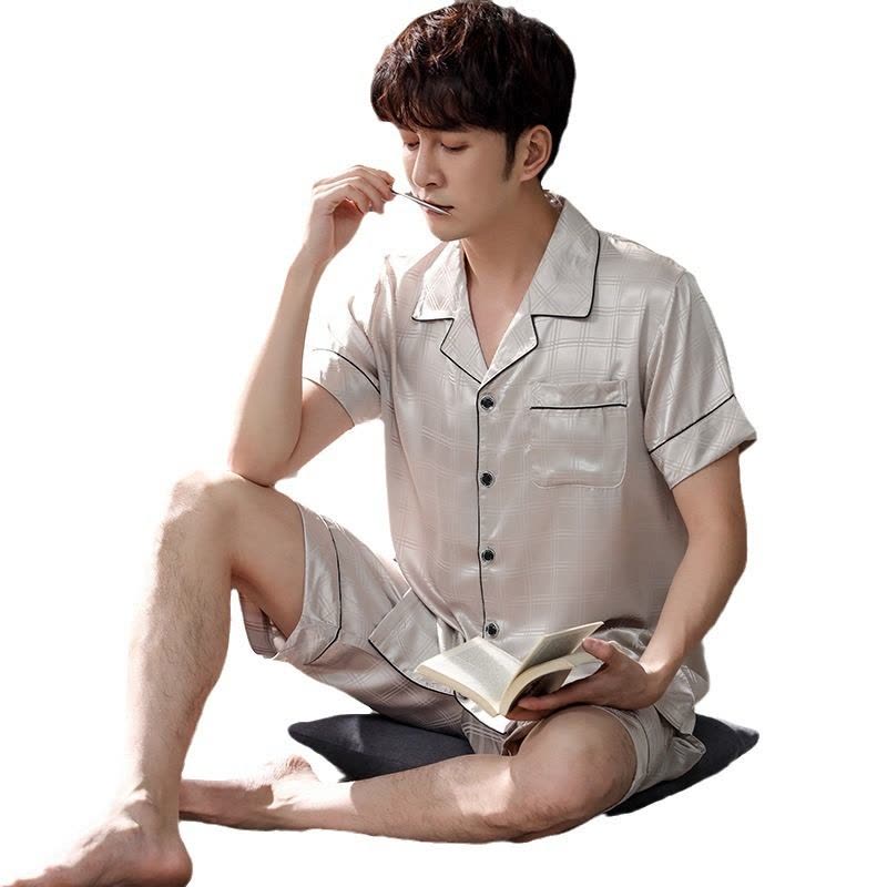 睡衣男夏季开衫翻领冰丝绸短袖短裤学生夏天大码家居服套装可外穿图片