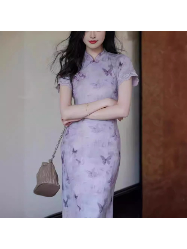 设计感国风复古新中式紫色蝴蝶印花旗袍连衣裙修身小众紫色旗袍裙