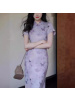 设计感国风复古新中式紫色蝴蝶印花旗袍连衣裙修身小众紫色旗袍裙