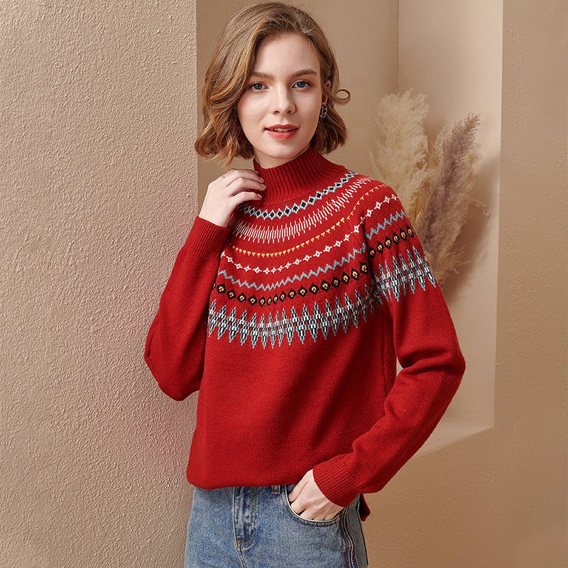欧昵雪冬装半高领慵懒波普风毛衣女宽松厚实针织衫上衣
