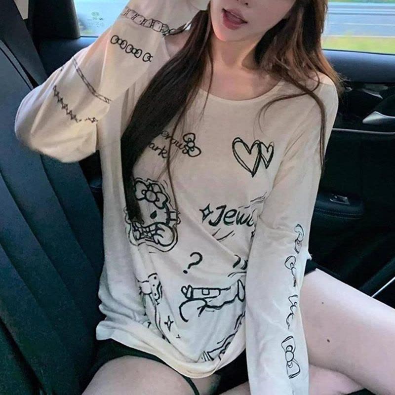 趣味kt猫印花慵懒卡通薄款长袖T恤女装夏季新款宽松防晒罩衫上衣图片