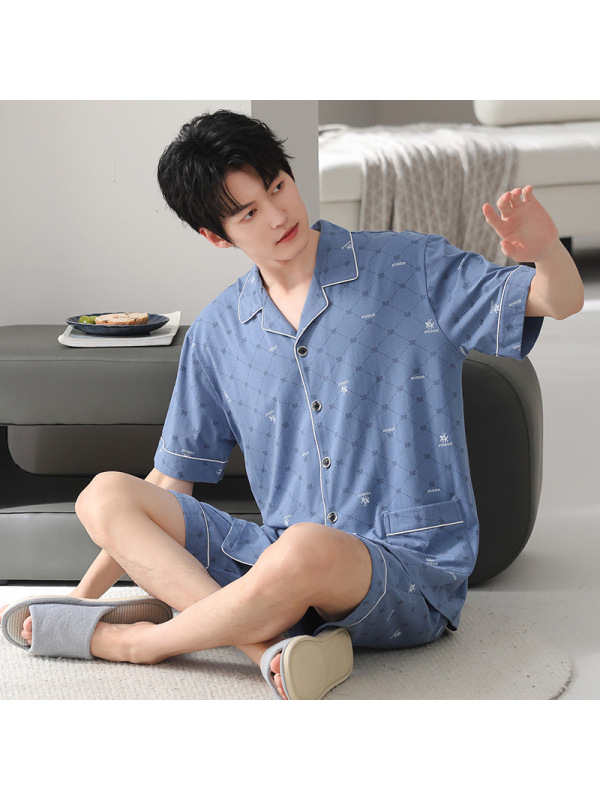 男士纯棉睡衣夏季薄款凉感短袖短裤两件套大码开衫男生家居服套装