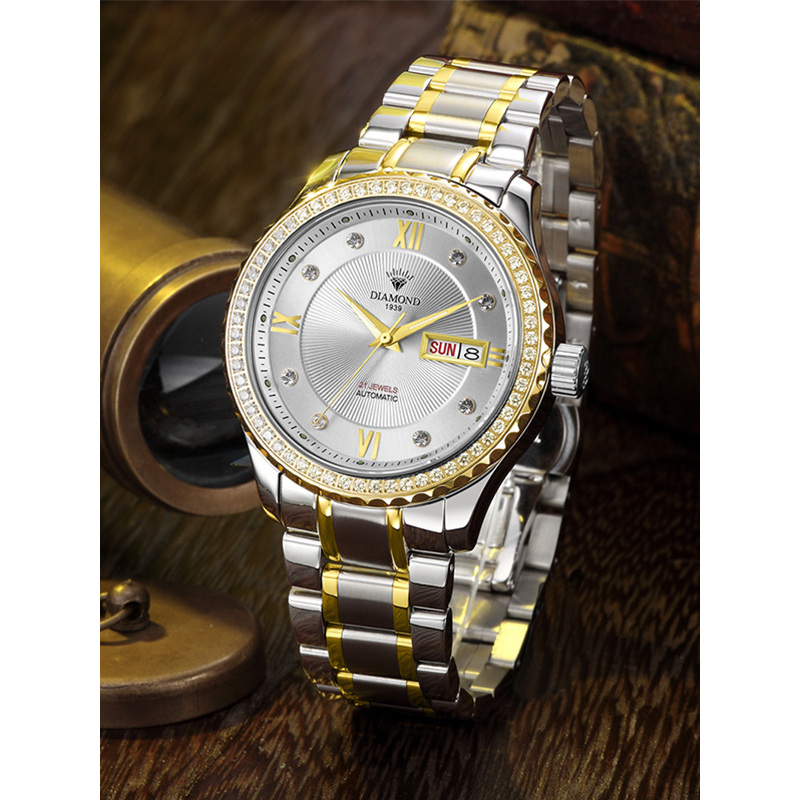 上海钻石牌手表男全自动机械男表大表盘夜光日历8020男士钻石手表