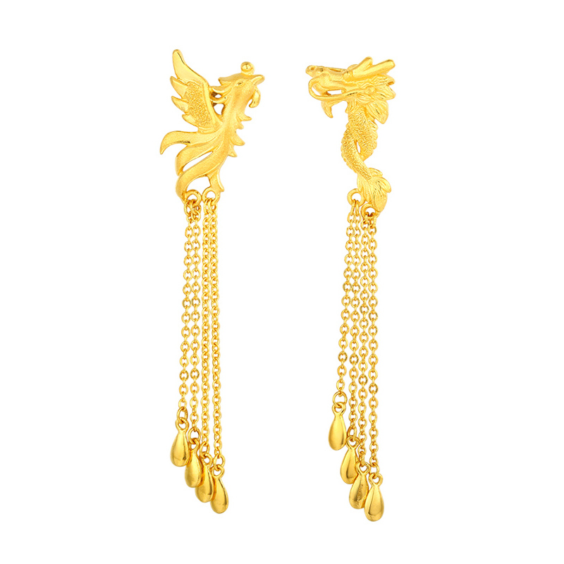 金大福kingtaifook珠宝黄金龙凤耳钉耳环足金999结婚新娘婚庆首饰耳线