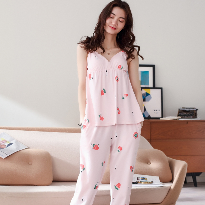 安之伴春秋睡衣棉质草莓开襟长袖女士家居服套装