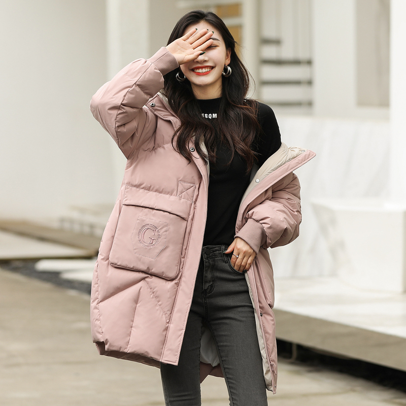 高梵2019新款羽绒服女中长款时尚绣花连帽韩版宽松羽绒保暖外套潮