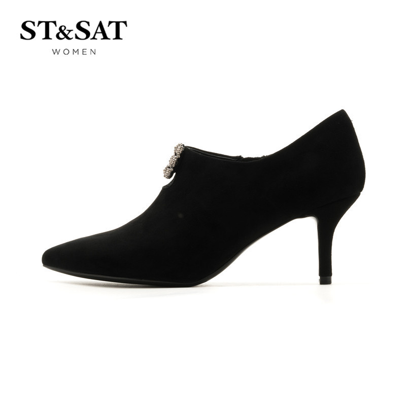 St&Sat/星期六闪亮扣饰高跟深口尖头裸靴女鞋SS73112174