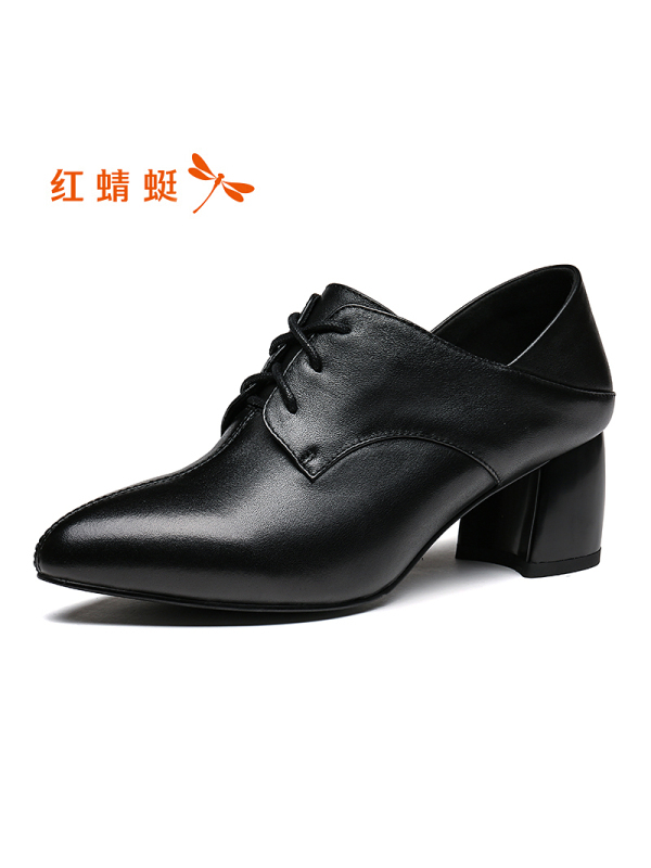 红蜻蜓女鞋秋季新款头层牛皮黑色通勤工作鞋女高跟尖头窝窝鞋