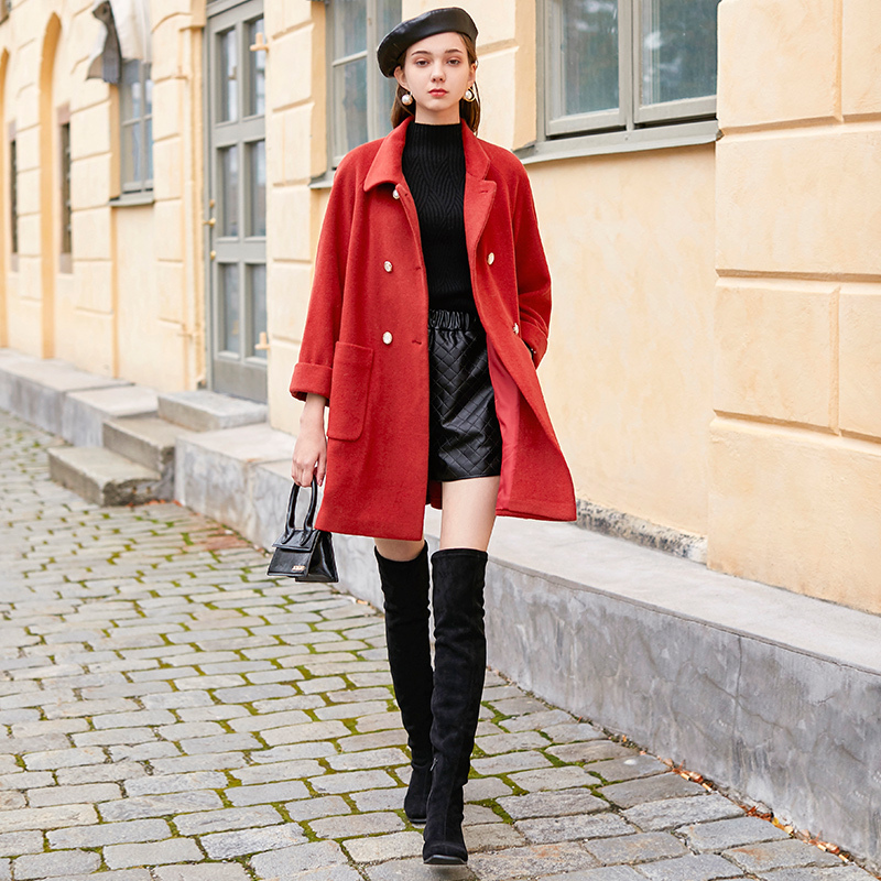 三彩冬季新款新年红中长小a字羊毛呢大衣外套