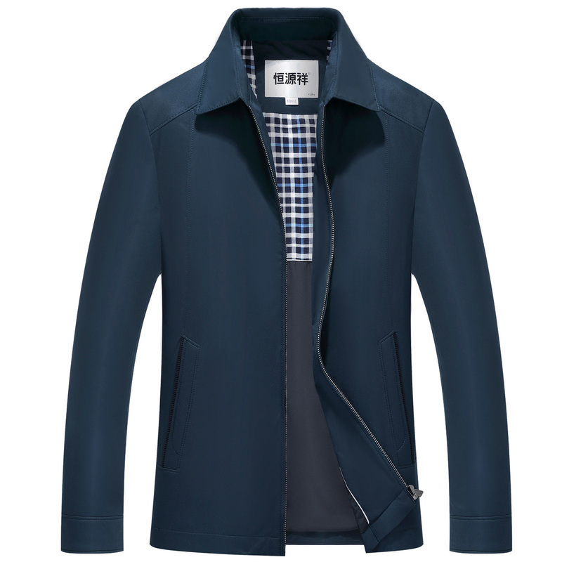 恒源祥中老年夹克男2019春秋新款翻领外套厚爸爸装上衣纯色茄克衫