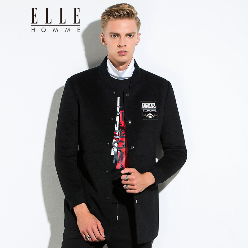 ellehomme男装大衣秋冬新款时尚棒球领纯羊毛内夹棉羊毛大衣黑色