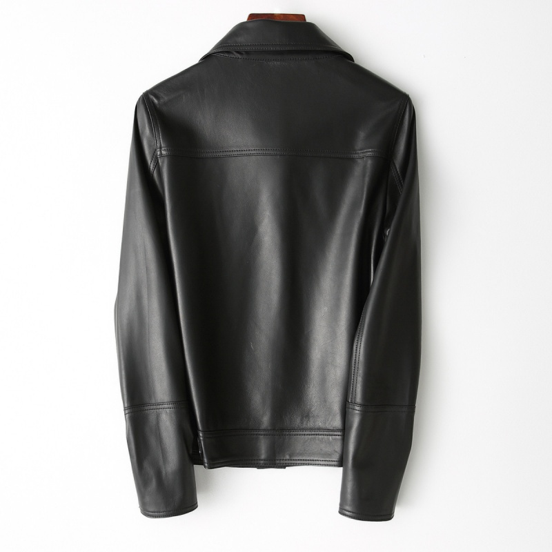 女式时尚短款宽松单排扣方领绵羊皮真皮皮衣外套