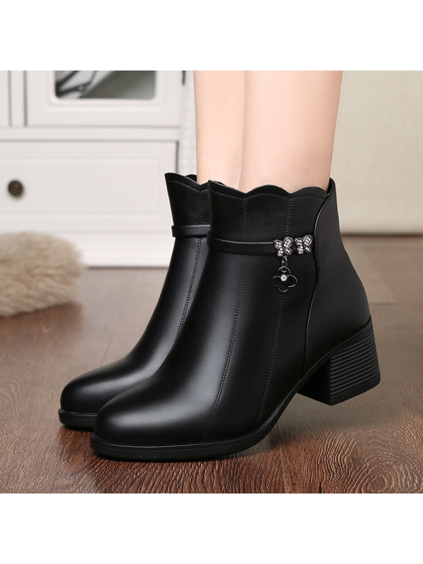 秋冬中跟妈妈棉鞋新款加厚加绒软底女皮靴中老年时尚低筒棉靴