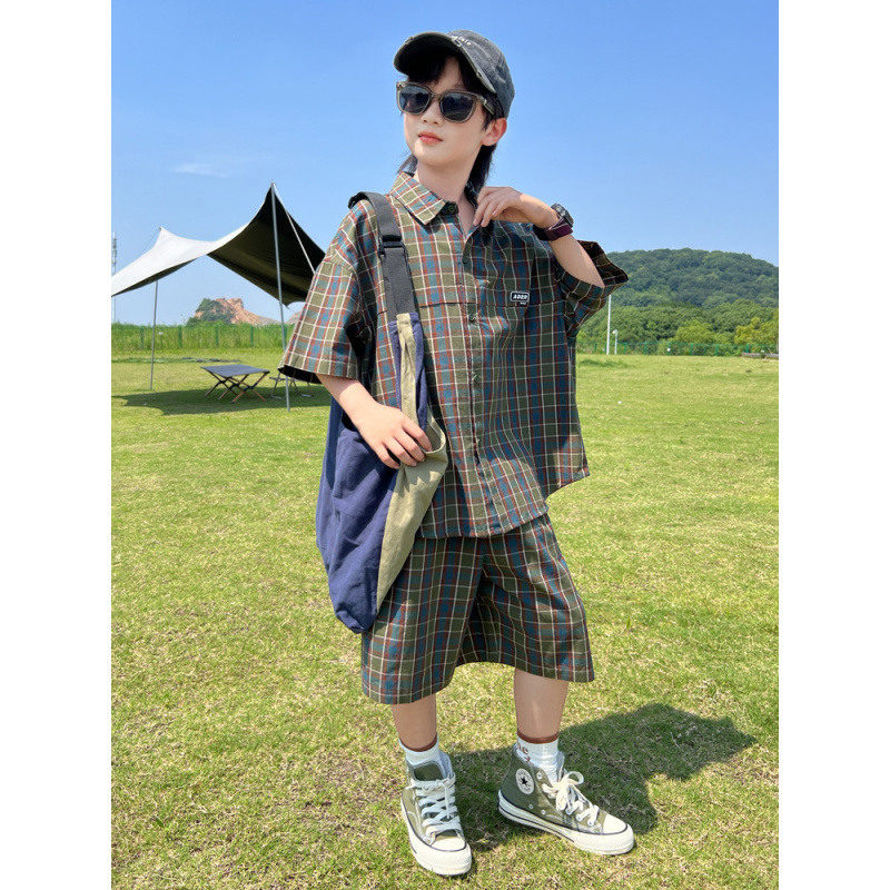 男童衬衫套装2025新款儿童夏装格子短袖大童夏款帅气夏季时髦潮