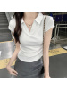 含棉 辣妹风polo领短袖T恤女新款设计感小众修身显瘦短款上衣