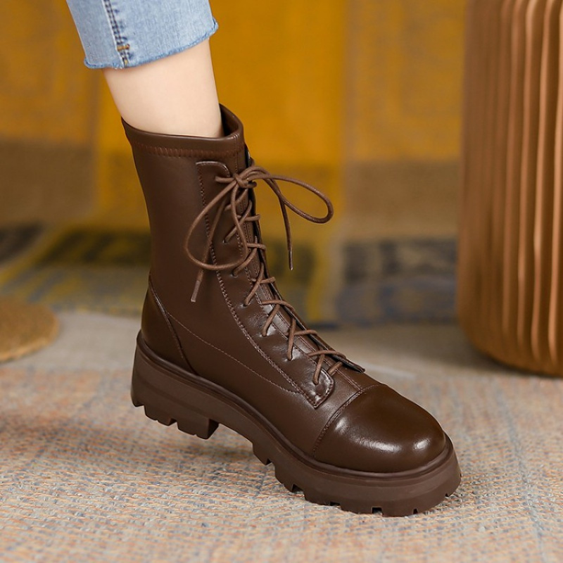 tiauny牛皮马丁靴女甜酷薄款英伦风厚底机车靴ann短靴系带靴子大码40