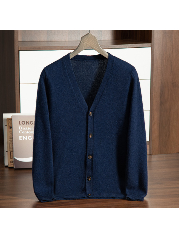 男士七针双股加厚山羊绒衫冬 V领开衫单排扣针织羊毛针织开衫外套