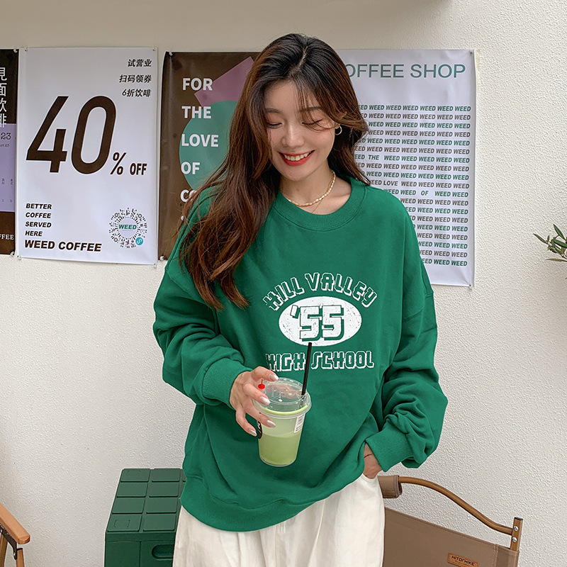 美式复古印花圆领卫衣女秋装百搭打底衫常规款休闲宽松上衣薄款潮