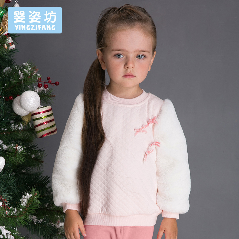 婴姿坊童装女童圆领长袖T恤宝宝毛毛袖打底衫秋冬款上衣