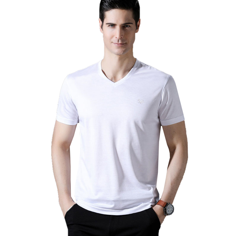 恒源祥男士短袖t恤夏款桑蚕丝v领男鸡心领纯色半袖打底衫休闲男装